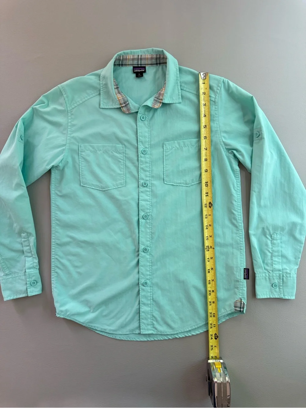 Patagonia Kids Long Sleeved Button Up Rio North Shirt Bend Blue Boys XL - Stains